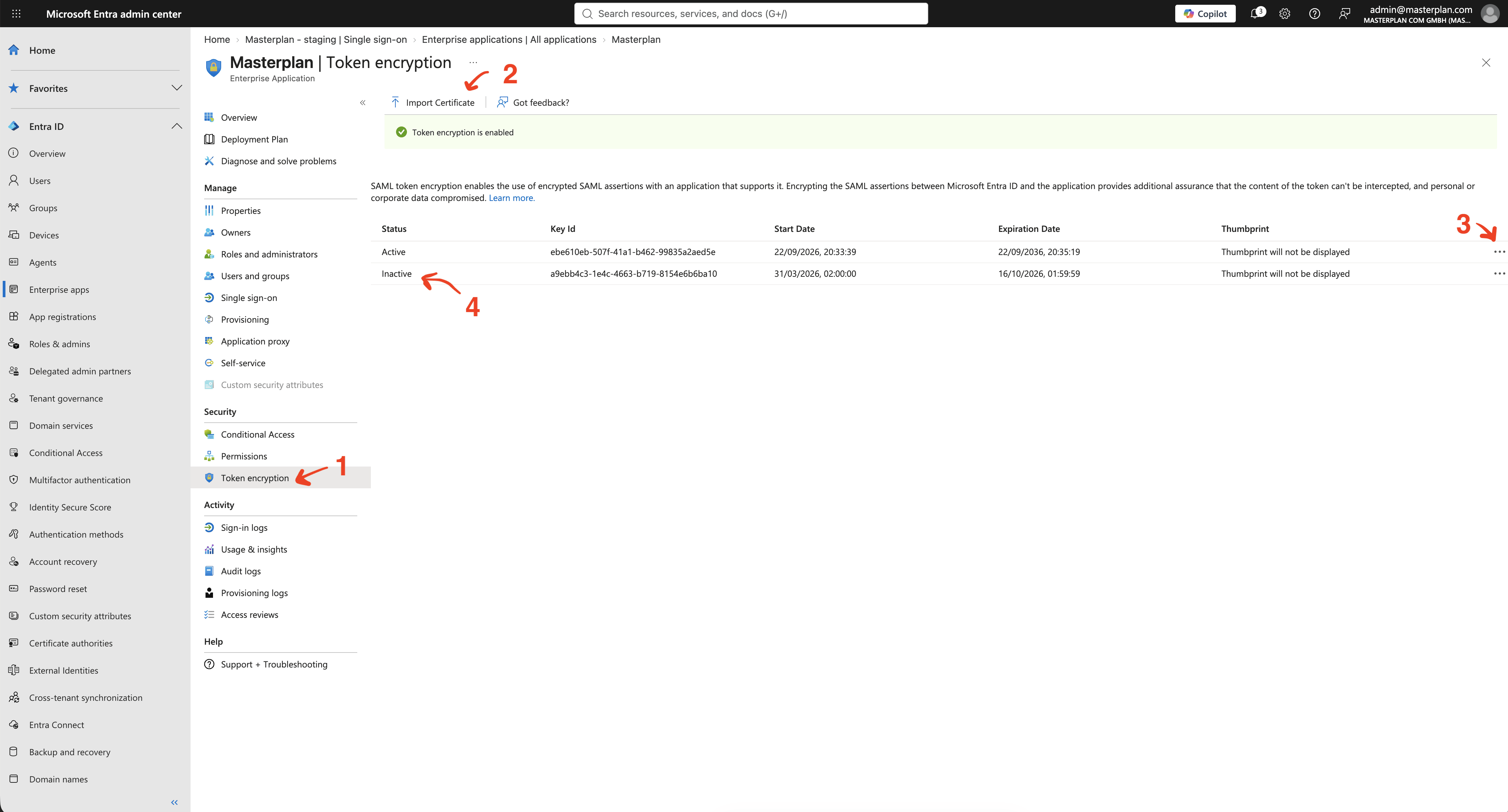 Microsoft Entra token encryption configuration with numbered steps