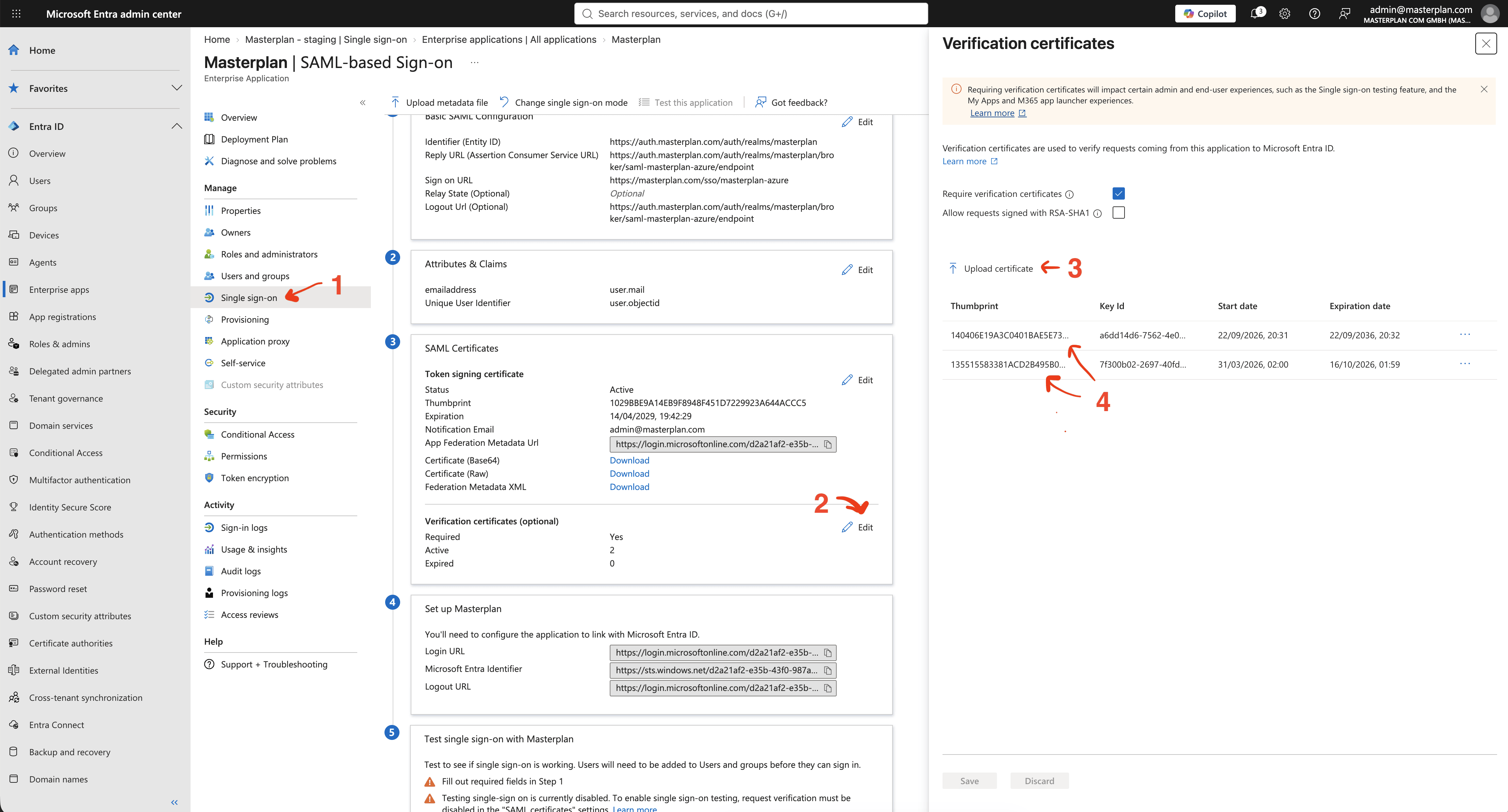 Microsoft Entra verification certificate configuration with numbered steps