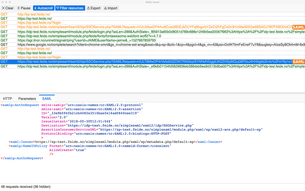 SAML Tracer window